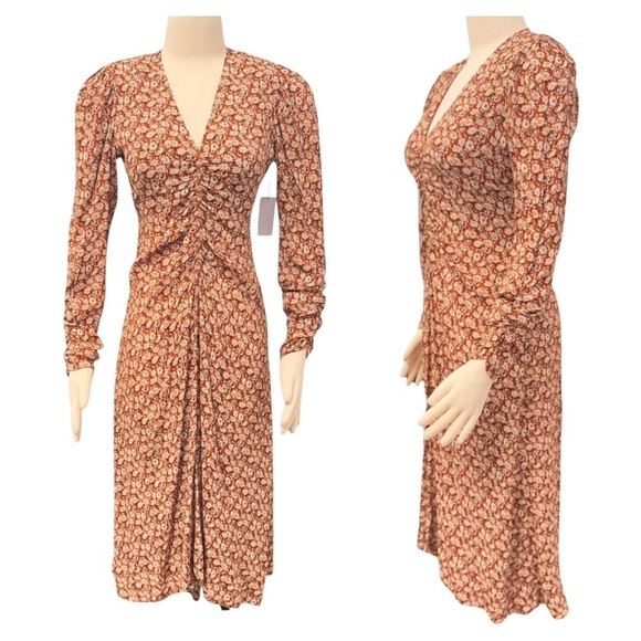 Joie Haruko Ruched V-Neckline Lightweight Floral Print Relaxed Fit Midi Dress - Picture 5 of 8